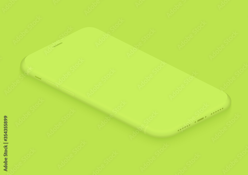 Aufkleber Soft isometric lemon green vector smartphone. 3d realistic empty screen phone template for inserting any UI interface, advertisment, test presentation. Floating soft mock up design perspective view.