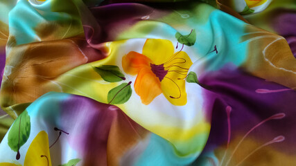 Texture, background, wallpaper, multicolored, floral  silk fabric.  Luxurious flowers,  amazing color scheme. 