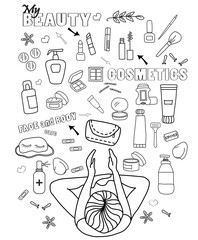 cosmetics travel doodle set. Tourist girl. Collects creams, cosmetics for face and body beauty on his journey. All drawings are isolated on a white background.