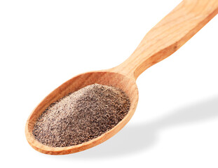 Ground black pepper in a wooden spoon on a white background. Isolated