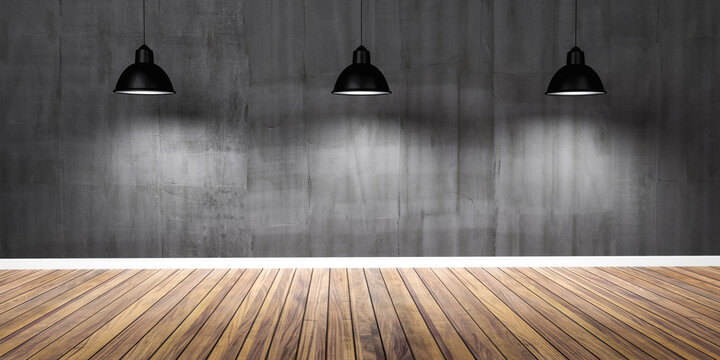Room with three lamps, concrete black wall and wooden floor 3D Illustration