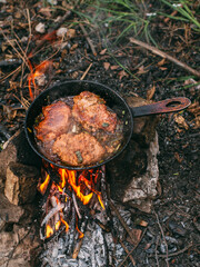 Frying meat in a pan over an open fire with leek. Steak in a pan on a fire. Cooking in nature. Picnic. Grill on fire. Cooking meat in wine.