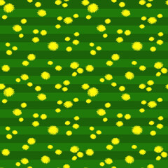 Seamless pattern of yellow flowers on a green background. Striped bright backdrop with various dandelions. Hand-drawn blowballs. Colorful, floral. Vector illustration