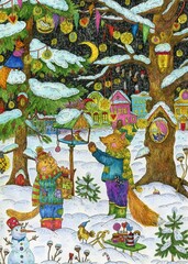 Cat and foxes in the winter forest. Bright christmas illustration with ink and colored pencils. Cute illustration for the decor and design of posters, postcards, prints, stickers, invitations.