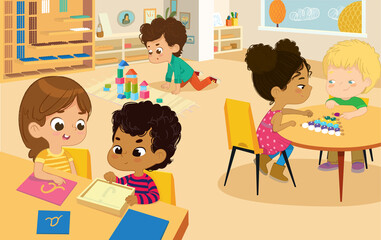 Montessori School Class. Vector illustrations of children in the playroom, boys and girls involved in Montessori activities and make Fun. Montessori environment concept. 