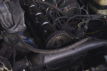 Engine machine. Car repair and its components. Car engine in disassembled condition. Top view and side view.