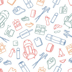Seamless pattern of clothes and accessories for ecotour, yougatour,  hiking,trekking. Vector hand drawn colorful illustration in line-art style on white background.Design for packages, cards, banners.
