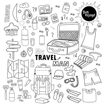 Doodle travel stuff. Set of pictures Traveling men on vacation. Fees for baggage, things, clothes and shoes. Men's set. All elements are isolated.