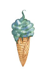 Watercolor cartoon colorful ice cream in waffle horn isolated on white background. Food illustration.