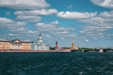 Panoramic summer view of St. Petersburg from the Neva River. A city without tourists