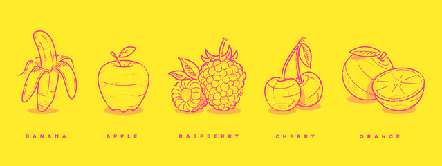 Modern outline linear web icon set. Fruits and berries dots thin bold line. Food icons for logo, illustration, poster, UX, UI, creation. Creative banana, apple, raspberry, cherry, orange.