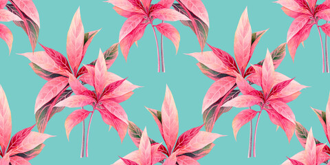 Watercolor painting colorful tropical leaf,pink leaves seamless pattern background.Watercolor hand drawn illustration tropical exotic leaf prints for wallpaper,textile Hawaii aloha summer style.. © nongnuch_l
