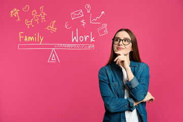 Life balance. Thoughtful woman making choice between family and work