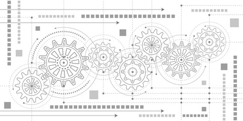 Engineering technical drawing on a white background.Technical drawing of gears . Rotating mechanism of round parts .Vector illustration.	