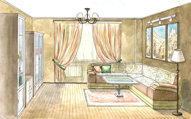 watercolor sketch of a living room, classic style
