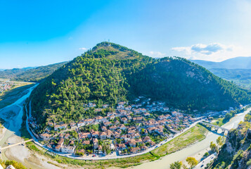 Aerial view of Gorica district in Berat, Albania