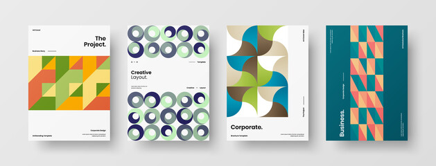 Fototapeta premium Company identity brochure template collection. Business presentation vector A4 vertical orientation front page mock up set. Corporate report cover abstract geometric illustration design layout bundle.