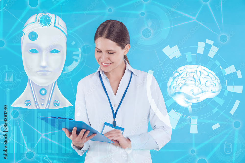 Poster double exposure of doctor using tablet and artificial intelligence model. machine learning concept