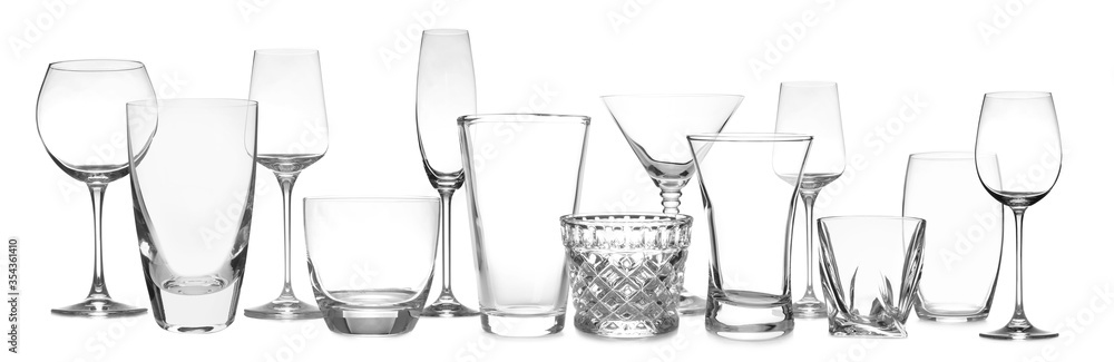 Wall mural Set of empty glasses on white background. Banner design