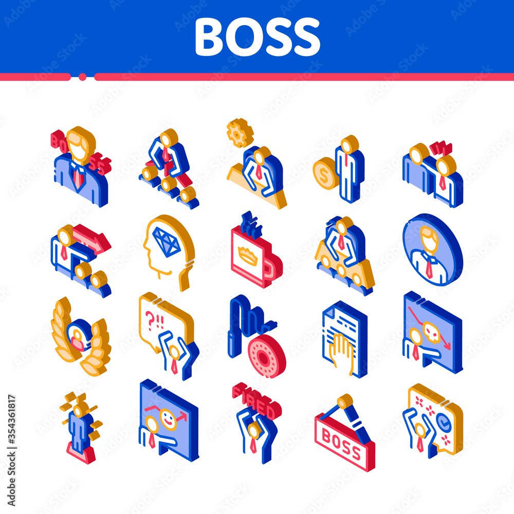 Wall mural Boss Leader Company Icons Set Vector Thin Line. Boss On Tablet And Cup With Crown, Meeting And Presentation, Fired And Document Illustrations