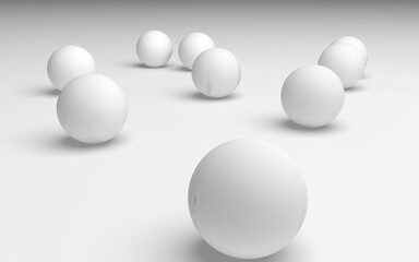 White abstract background. Set of white balls isolated on white backdrop. 3D illustration
