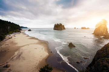 Beautiful Second Beach with scenic rock formations at sunset, Olympic National Park, USA