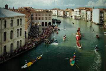 Venice, Italy - August 28, 2018. Day view of the Grand Canal and the historic regatta in Venice....