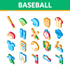 Baseball Game Tools Icons Set Vector. Isometric Baseball Bat And Ball, Protection Helmet And Glove, Stopwatch And Cup Illustrations