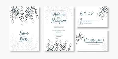 wedding invitation cover card set with beauty berry and floral flower abstract doodle hand drawn style ornament decoration background mockup elegant template vector illustration vintage frame