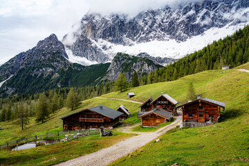 Fototapeta na wymiar Alpine mountain scenery with traditional wooden farm houses in summer, Styria, Austria