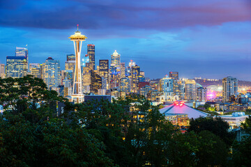 Beautiful Seattle skyline with famous Space Needle  at night, Washington State, USA