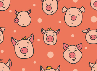 Cute pigs seamless pattern. Baby background design for fabric or wrapping paper. Pink seamless cartoon little pig texture on red. Hand drawn vector comic illustration for kids design