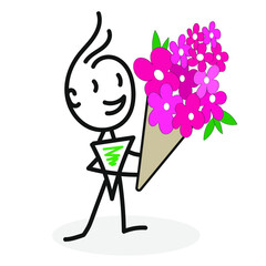 The concept of online flower delivery to your home and office. Courier with a bunch of flowers. Vector illustration.