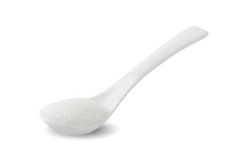 Sugar in ceramic spoon isolated on white background. This has clipping path. 
