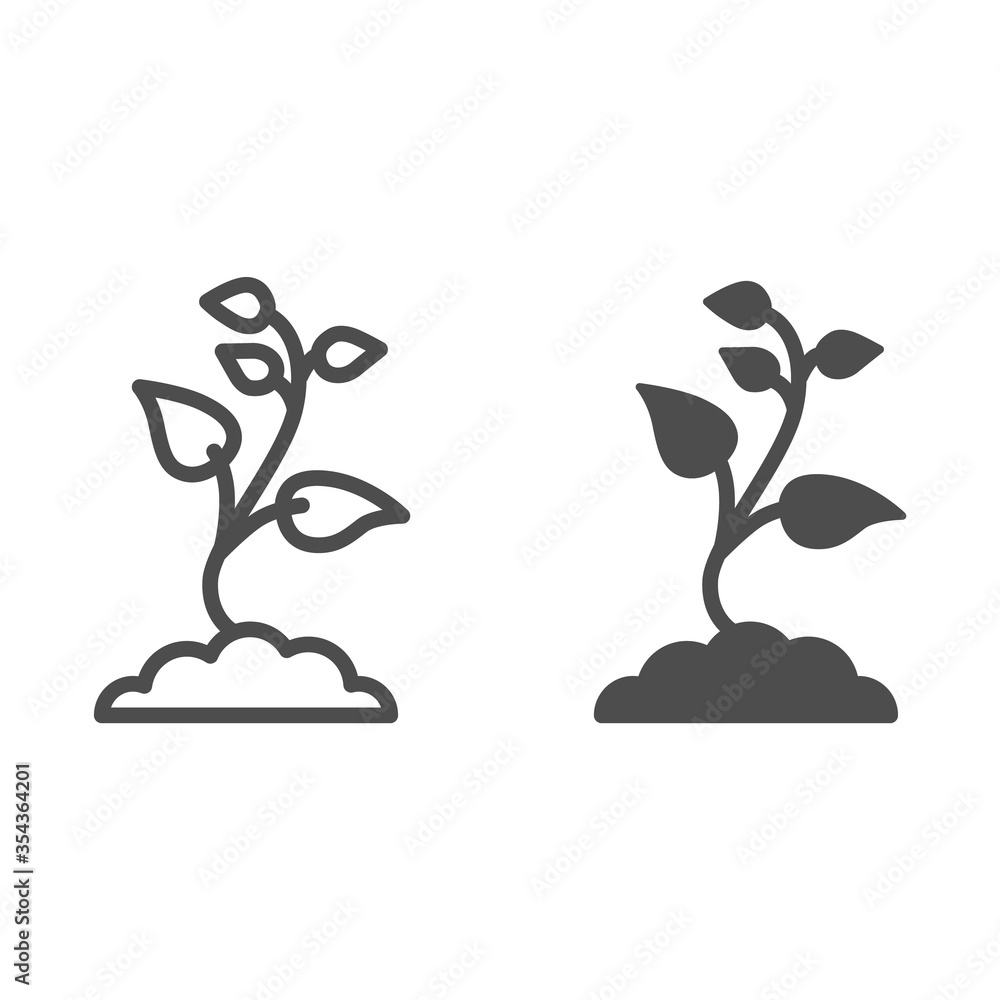 Poster seedling with many leaves line and solid icon, nature concept, seeds sprout in ground sign on white 