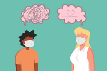 Obraz premium Psychologist woman and young man wear face mask and patient in therapy session. Treatment of stress, addictions and mental problems.