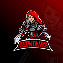 Red Woman mascot esport logo with swords. Knight Woman esport logo on red background. Angry Warrior Woman for esport gaming team.