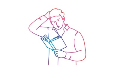 Man or student looks at the book and scratches his head with his hand. Rainbow colors in linear vector illustration.