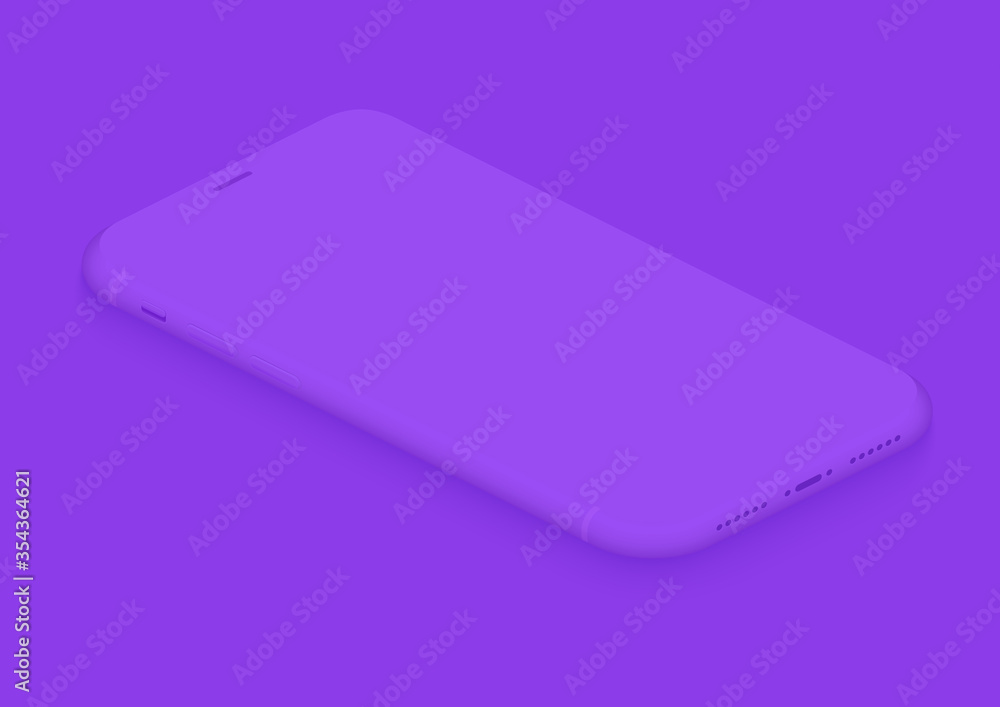 Poster Soft isometric violet vector smartphone. 3d realistic empty screen phone template for inserting any UI interface, advertisment, test presentation. Floating soft mock up design perspective view.