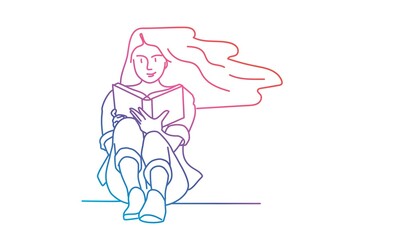 Young woman with a book is sitting on the floor. Rainbow colors in linear vector illustration.