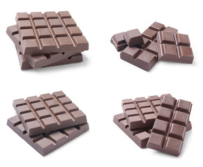 Set with delicious chocolate bars on white background