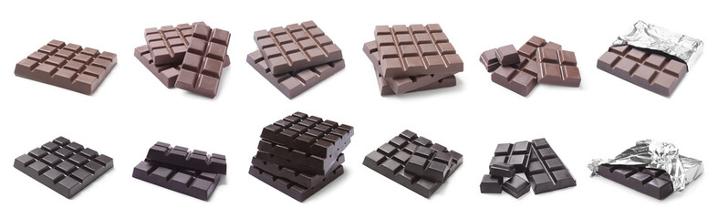 Set with different chocolate bars on white background. Banner design