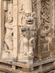 Sandstone sculptures of God and lions are carved prominently as a idols in the ancient kanchi kailasanathar temple in kancheepuram