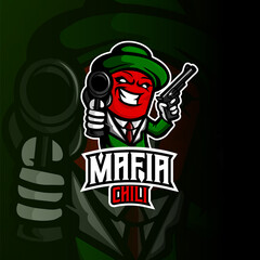 Mafia mascot esport logo design on blue background. Chili cartoon character with guns.