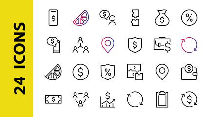 Set of business vector line icons. It contains user symbols, dollar pictograms, gears, briefcase, puzzles, envelope, percentage, messages, schedule, and more. Editable Bar 480x480 pixels.