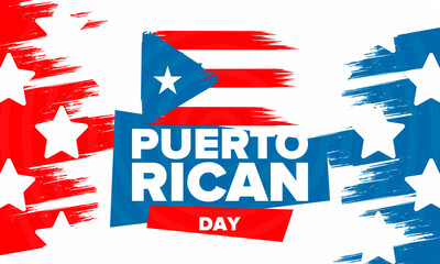 Puerto Rican Day. National happy holiday. Festival and parade in honor of independence and freedom. Puerto Rico flag. Latin american country. Patriotic elements. Vector poster illustration