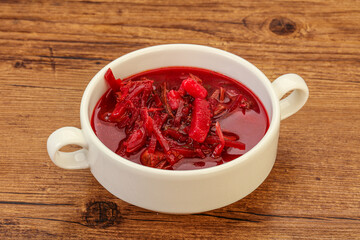 Russian traditional Borsch soup with cabbage