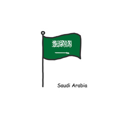 hand drawn sketchy Saudi Arabia flag on the flag pole. Stock Vector illustration isolated on white background.