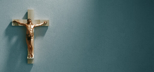 Crucifix on wall in spotlight inside old dark church or cathedral. Jesus Christ on cross. Religion, belief and hope. Holy and sacred places. 3d rendering