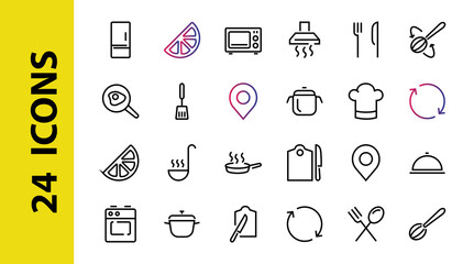 Fototapeta premium Set of cooking and kitchen icons, Vector lines, contains icons such as frying pan, frying, microwave, fork with spoon, Editable stroke, perfect 480x480 pixels, white background.